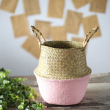 Handmade Bamboo Storage Baskets Foldable Laundry Straw Patchwork Wicker Rattan Seagrass Belly Garden Flower Pot Planter Basket